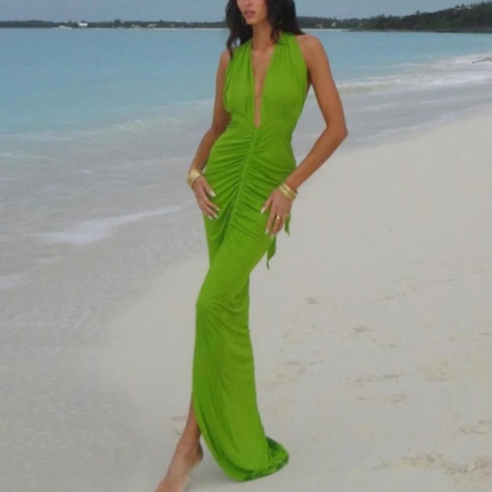 Rat & Boa Lime Green Ruched Halter Maxi Dress